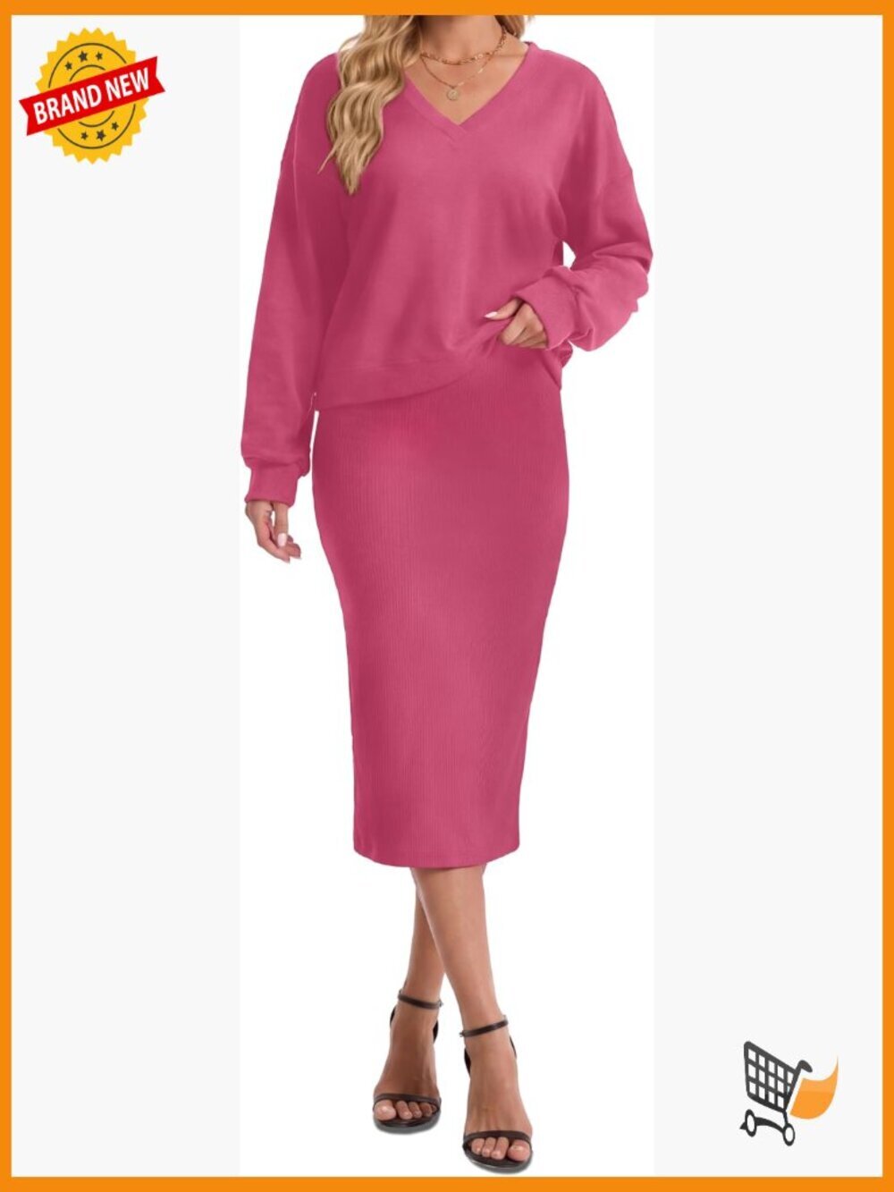 2 Piece Knit Skirt Set, Off Shoulder V Neck Top & High Waist Maxi Skirt